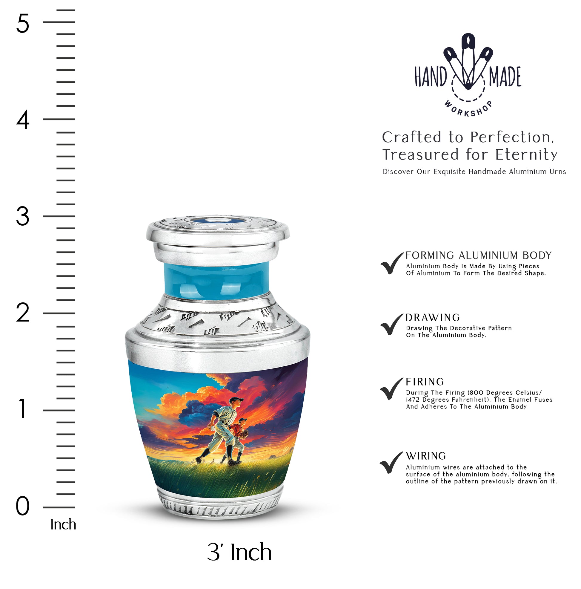 Serene Blue Baseball Cremation Urn top-down view of secure threaded lid - artistic baseball interpretation with creative detail - mini keepsake memorial for portion of cremation ashes