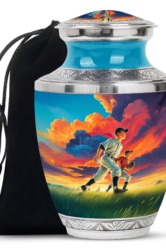 Pastel Blue Baseball Cremation Urn side profile showing urn shape - modern art-inspired baseball motif on sleek aluminum - full-size 10 inch 200 cubic inch adult cremation urn