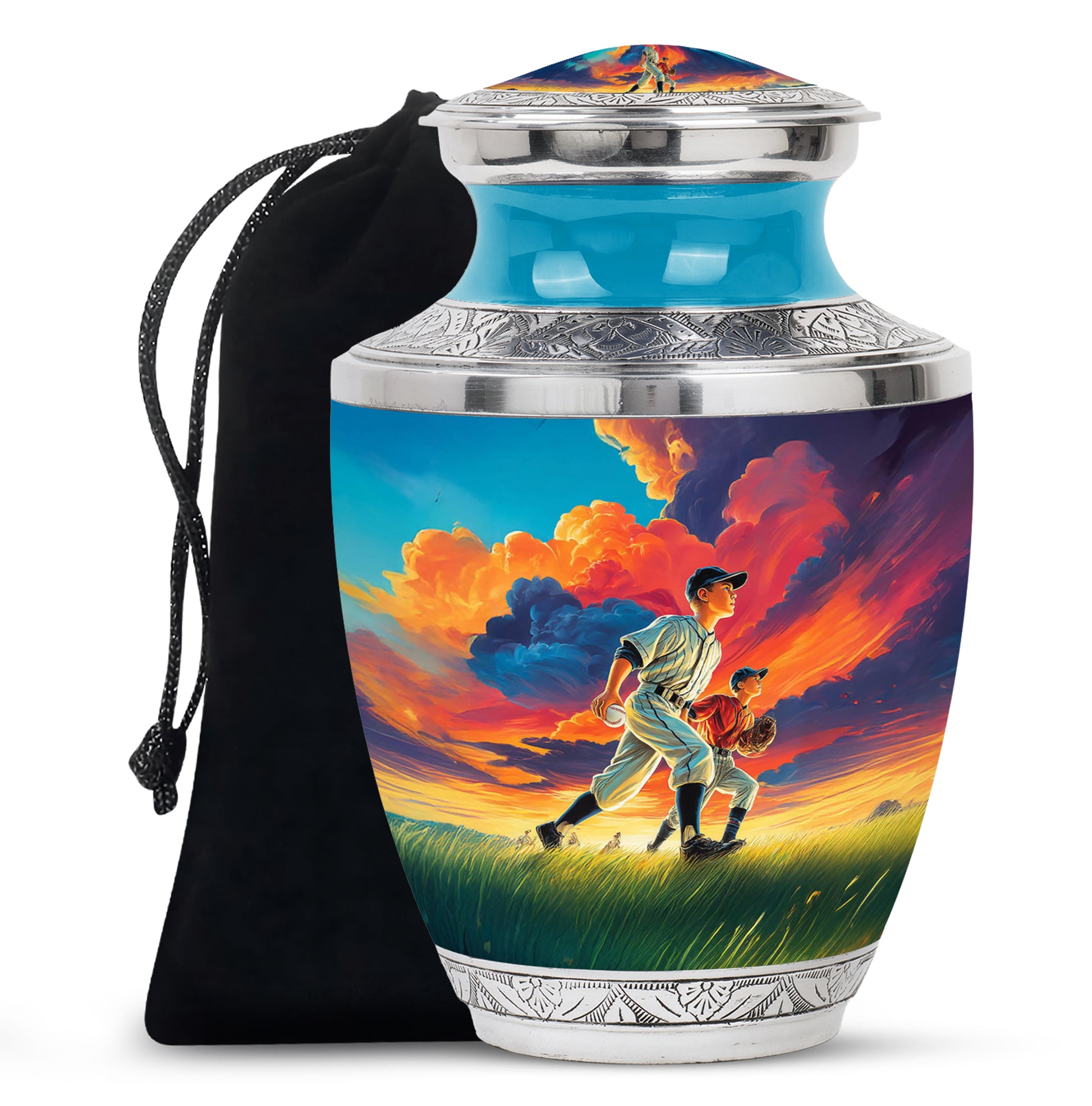 Pastel Blue Baseball Cremation Urn side profile showing urn shape - modern art-inspired baseball motif on sleek aluminum - full-size 10 inch 200 cubic inch adult cremation urn