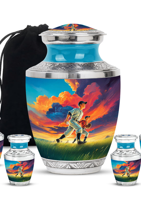 Vivid Blue Baseball Cremation Urn lifestyle display on memorial shelf - artistic baseball interpretation with creative detail - memorial set with one large and four small urns