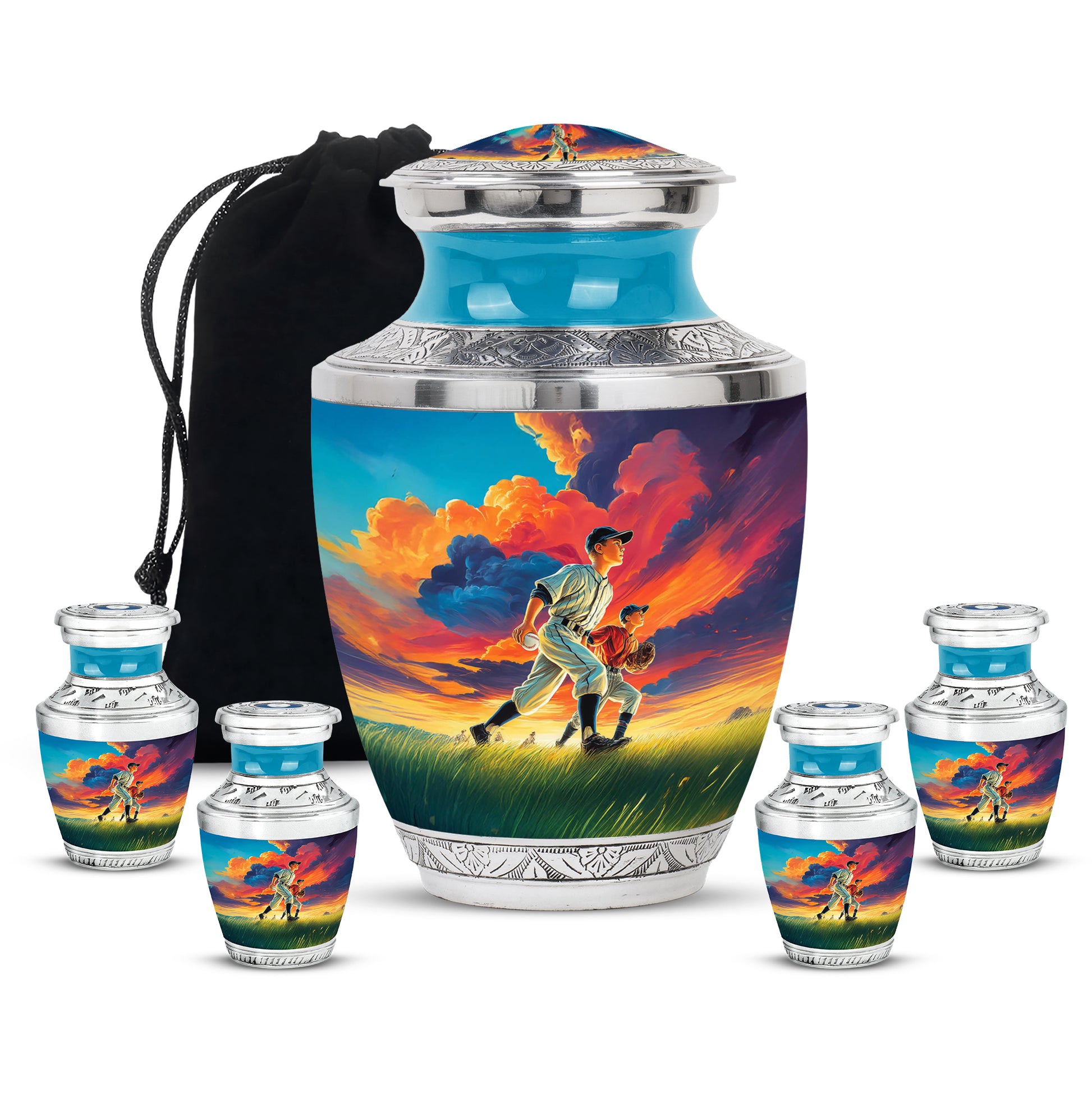 Vivid Blue Baseball Cremation Urn lifestyle display on memorial shelf - artistic baseball interpretation with creative detail - memorial set with one large and four small urns