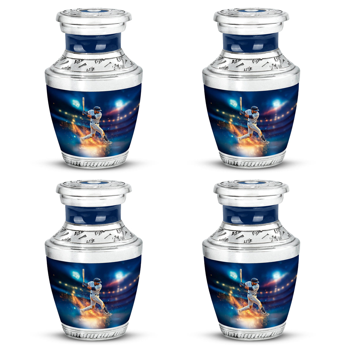 Soft Blue Baseball Cremation Urn back view with polished surface - stylized abstract baseball pattern with bold lines - 10 inch aluminum urn for cremated remains