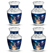 Soft Blue Baseball Cremation Urn back view with polished surface - stylized abstract baseball pattern with bold lines - 10 inch aluminum urn for cremated remains