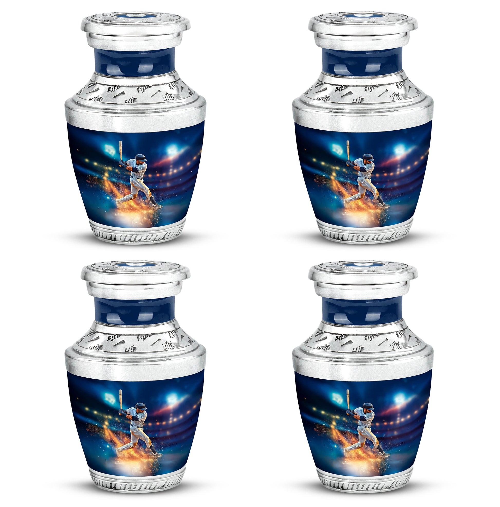 Soft Blue Baseball Cremation Urn back view with polished surface - stylized abstract baseball pattern with bold lines - 10 inch aluminum urn for cremated remains