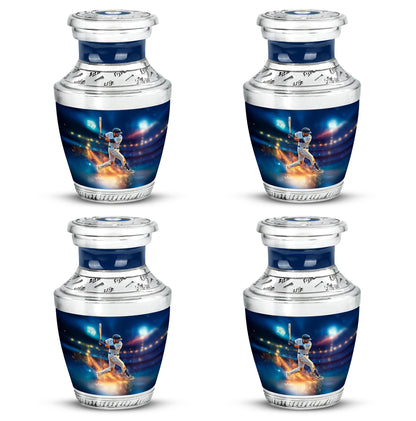 Soft Blue Baseball Cremation Urn back view with polished surface - stylized abstract baseball pattern with bold lines - 10 inch aluminum urn for cremated remains