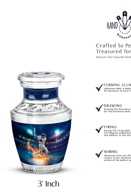 Serene Blue Baseball Cremation Urn top-down view of secure threaded lid - stylized abstract baseball pattern with bold lines - mini keepsake memorial for portion of cremation ashes