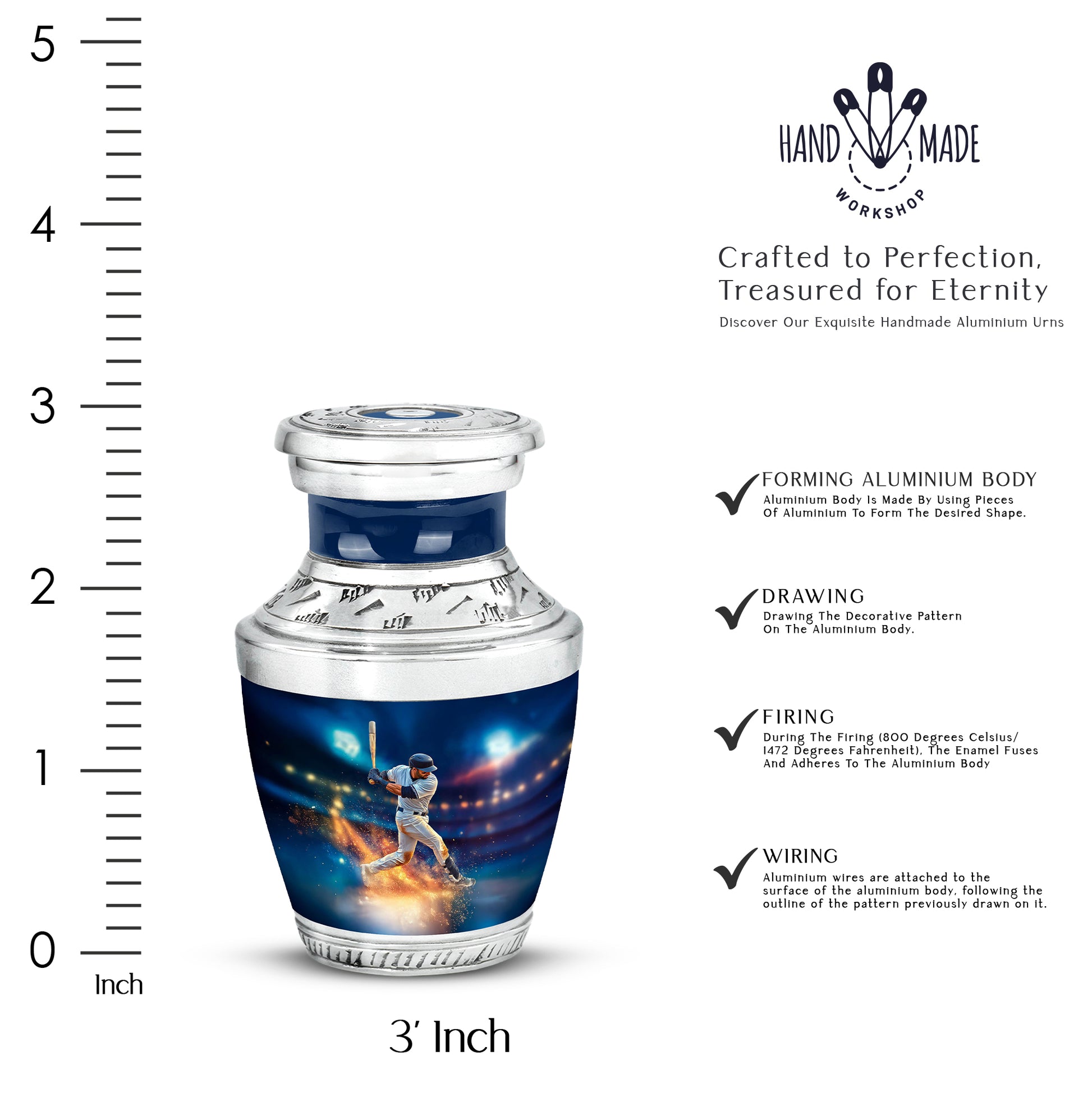 Serene Blue Baseball Cremation Urn top-down view of secure threaded lid - stylized abstract baseball pattern with bold lines - mini keepsake memorial for portion of cremation ashes
