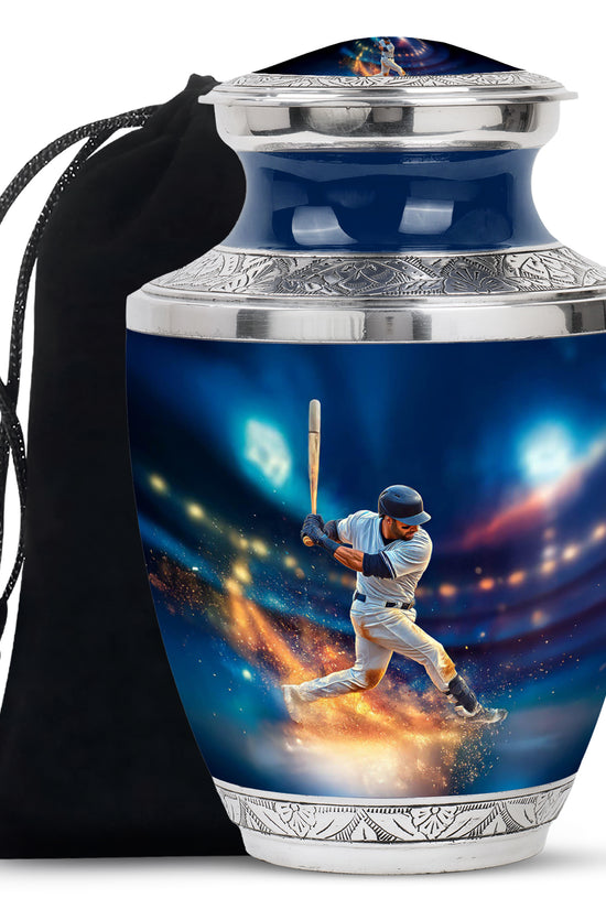 Navy Blue Baseball Cremation Urn side profile showing urn shape - modern art-inspired baseball motif on sleek aluminum - full-size 10 inch 200 cubic inch adult cremation urn