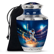 Navy Blue Baseball Cremation Urn side profile showing urn shape - modern art-inspired baseball motif on sleek aluminum - full-size 10 inch 200 cubic inch adult cremation urn
