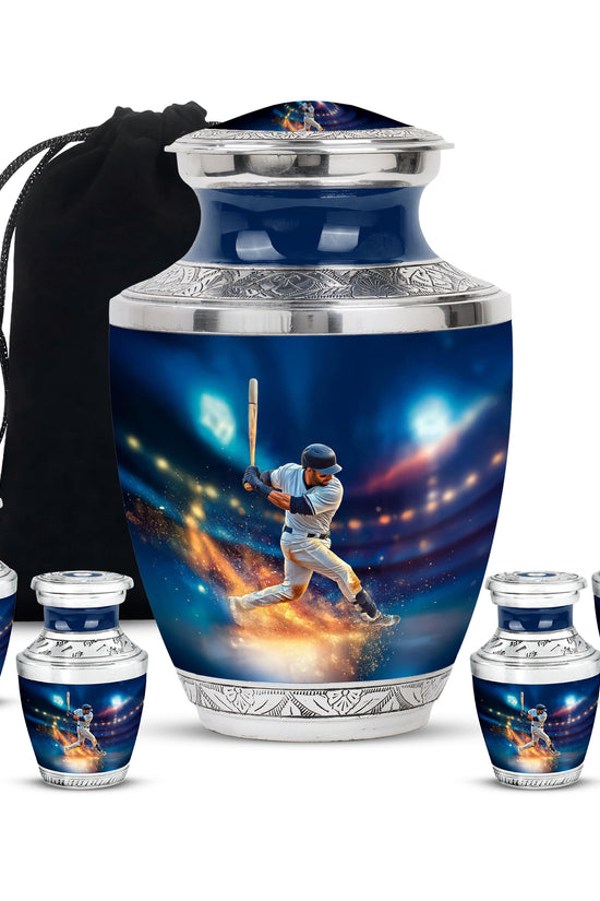 Cobalt Blue Baseball Cremation Urn lifestyle display on memorial shelf - artistic baseball interpretation with creative detail - memorial set with one large and four small urns