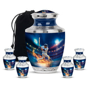 Cobalt Blue Baseball Cremation Urn lifestyle display on memorial shelf - artistic baseball interpretation with creative detail - memorial set with one large and four small urns