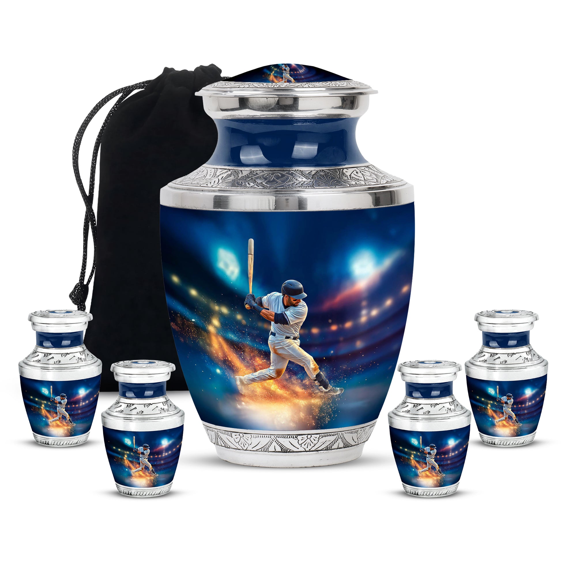 Cobalt Blue Baseball Cremation Urn lifestyle display on memorial shelf - artistic baseball interpretation with creative detail - memorial set with one large and four small urns