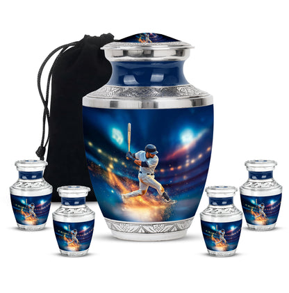 Cobalt Blue Baseball Cremation Urn lifestyle display on memorial shelf - artistic baseball interpretation with creative detail - memorial set with one large and four small urns