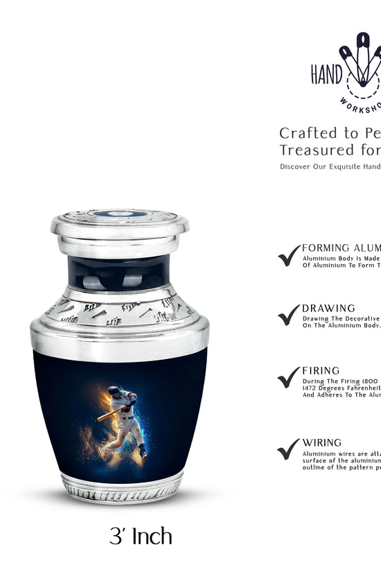 Azure Baseball Cremation Urn top-down view of secure threaded lid - contemporary baseball design with modern artistic flair - mini keepsake memorial for portion of cremation ashes
