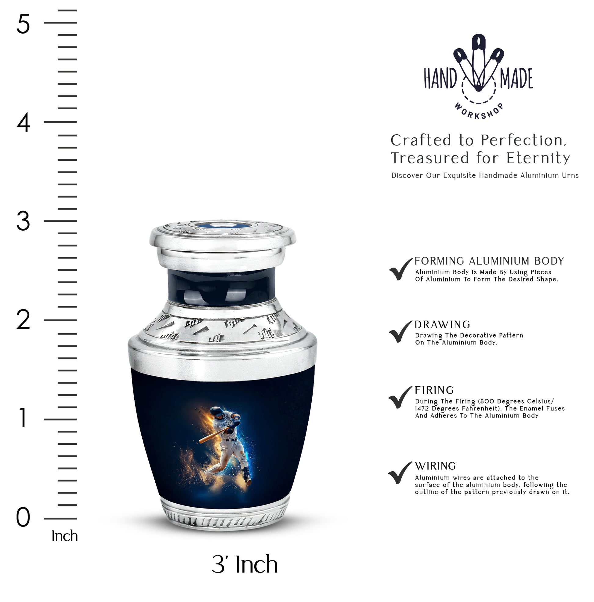 Azure Baseball Cremation Urn top-down view of secure threaded lid - contemporary baseball design with modern artistic flair - mini keepsake memorial for portion of cremation ashes