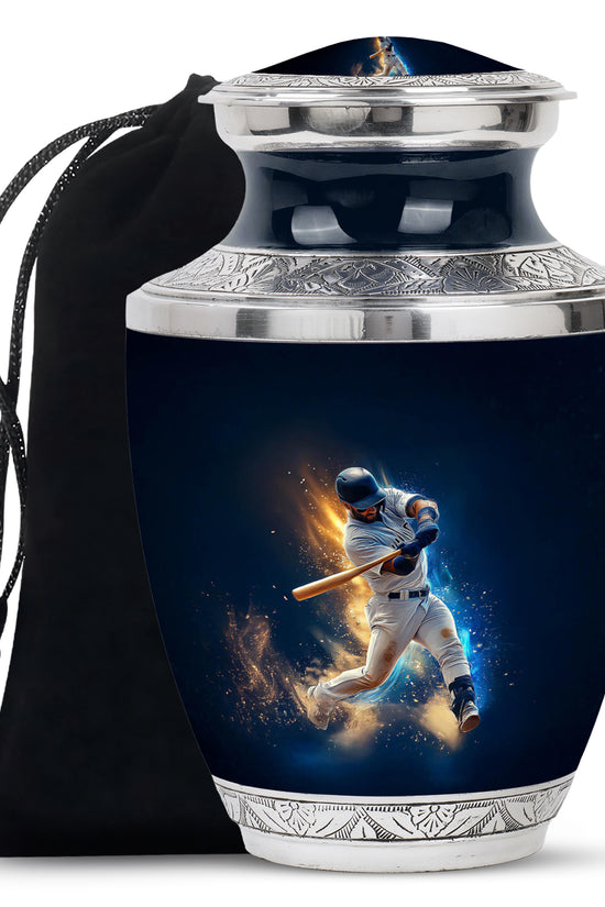Icy Blue Baseball Cremation Urn side profile showing urn shape - contemporary baseball design with modern artistic flair - full-size 10 inch 200 cubic inch adult cremation urn
