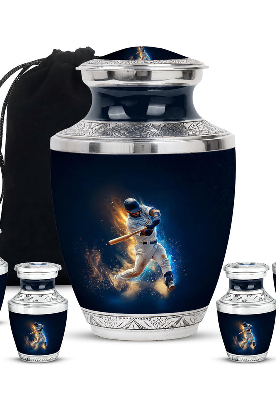 Cornflower Blue Baseball Cremation Urn lifestyle display on memorial shelf - stylized abstract baseball pattern with bold lines - memorial set with one large and four small urns
