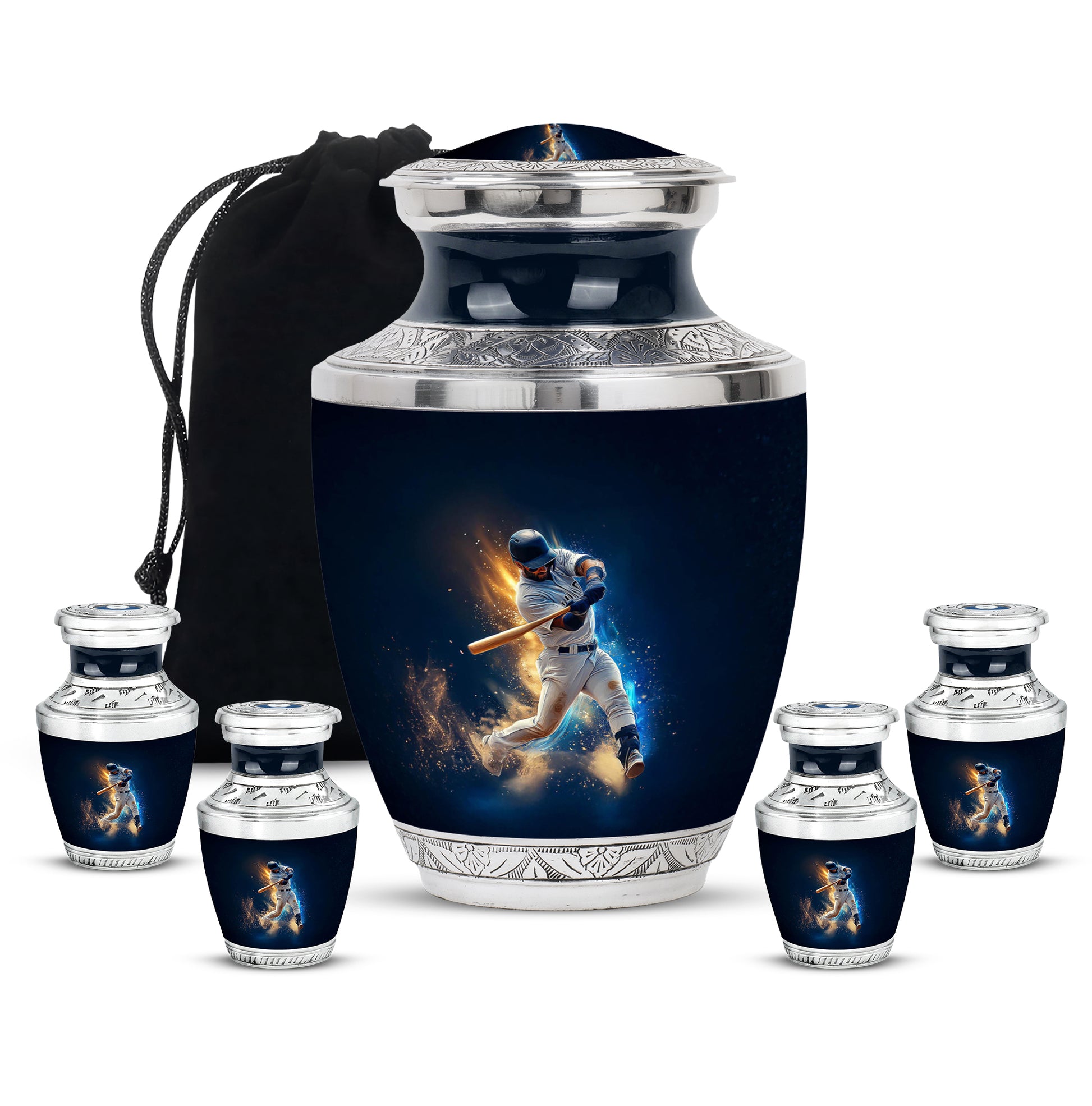 Cornflower Blue Baseball Cremation Urn lifestyle display on memorial shelf - stylized abstract baseball pattern with bold lines - memorial set with one large and four small urns