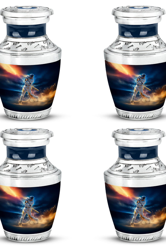 Calming Blue Baseball Cremation Urn back view with polished surface - artistic baseball interpretation with creative detail - 10 inch aluminum urn for cremated remains