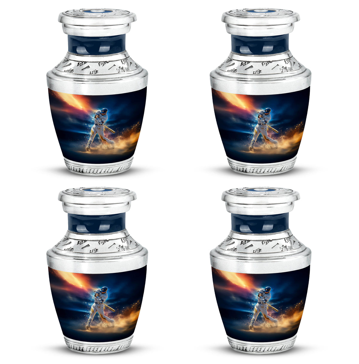 Calming Blue Baseball Cremation Urn back view with polished surface - artistic baseball interpretation with creative detail - 10 inch aluminum urn for cremated remains