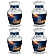 Calming Blue Baseball Cremation Urn back view with polished surface - artistic baseball interpretation with creative detail - 10 inch aluminum urn for cremated remains