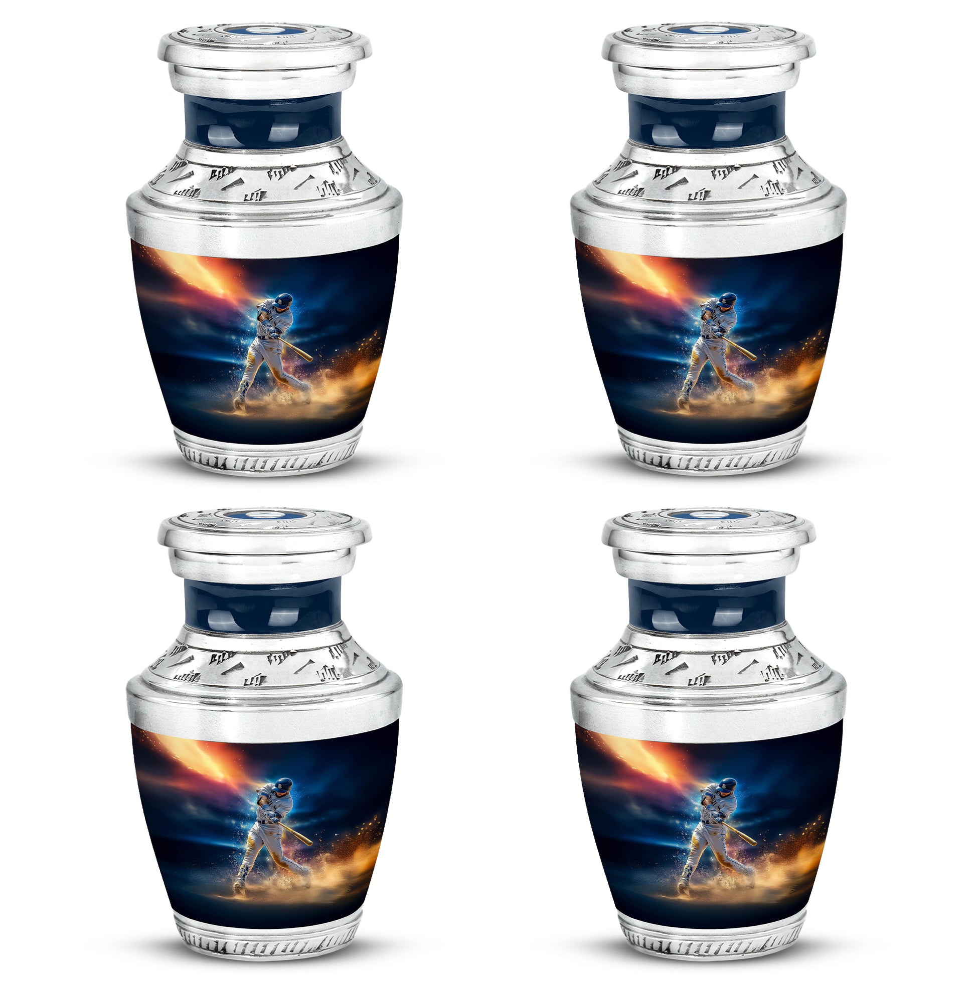 Calming Blue Baseball Cremation Urn back view with polished surface - artistic baseball interpretation with creative detail - 10 inch aluminum urn for cremated remains