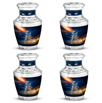 Calming Blue Baseball Cremation Urn back view with polished surface - artistic baseball interpretation with creative detail - 10 inch aluminum urn for cremated remains