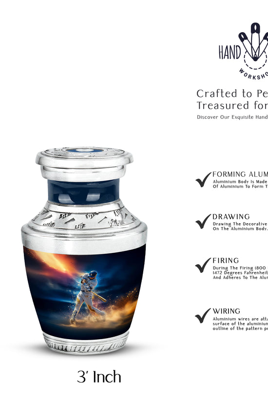 Bright Blue Baseball Cremation Urn top-down view of secure threaded lid - stylized abstract baseball pattern with bold lines - mini keepsake memorial for portion of cremation ashes
