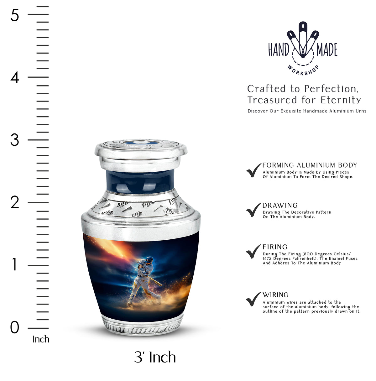 Bright Blue Baseball Cremation Urn top-down view of secure threaded lid - stylized abstract baseball pattern with bold lines - mini keepsake memorial for portion of cremation ashes