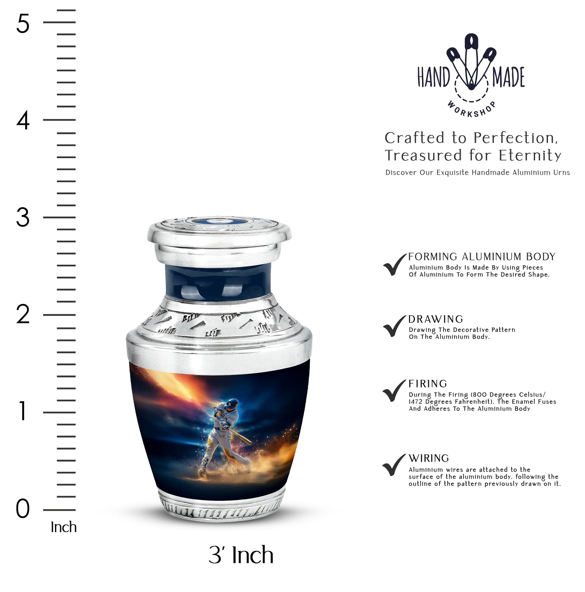 Bright Blue Baseball Cremation Urn top-down view of secure threaded lid - stylized abstract baseball pattern with bold lines - mini keepsake memorial for portion of cremation ashes