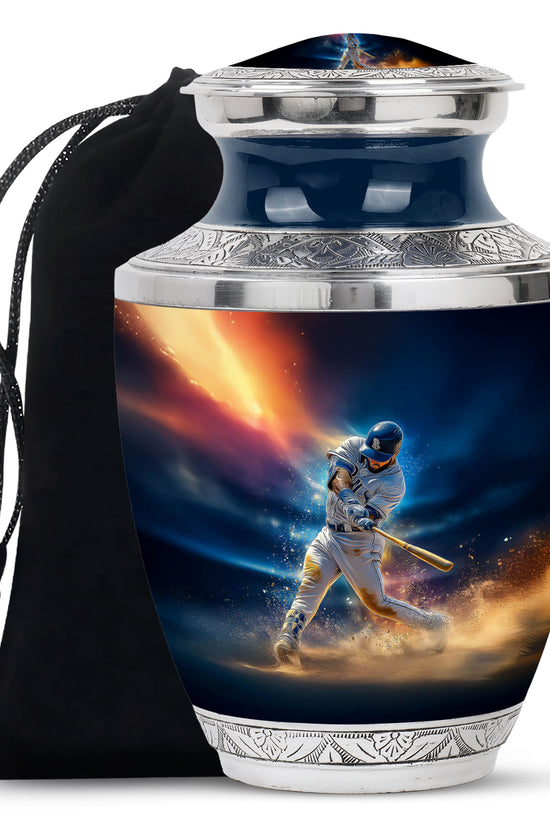 Sky Blue Baseball Cremation Urn side profile showing urn shape - modern art-inspired baseball motif on sleek aluminum - full-size 10 inch 200 cubic inch adult cremation urn