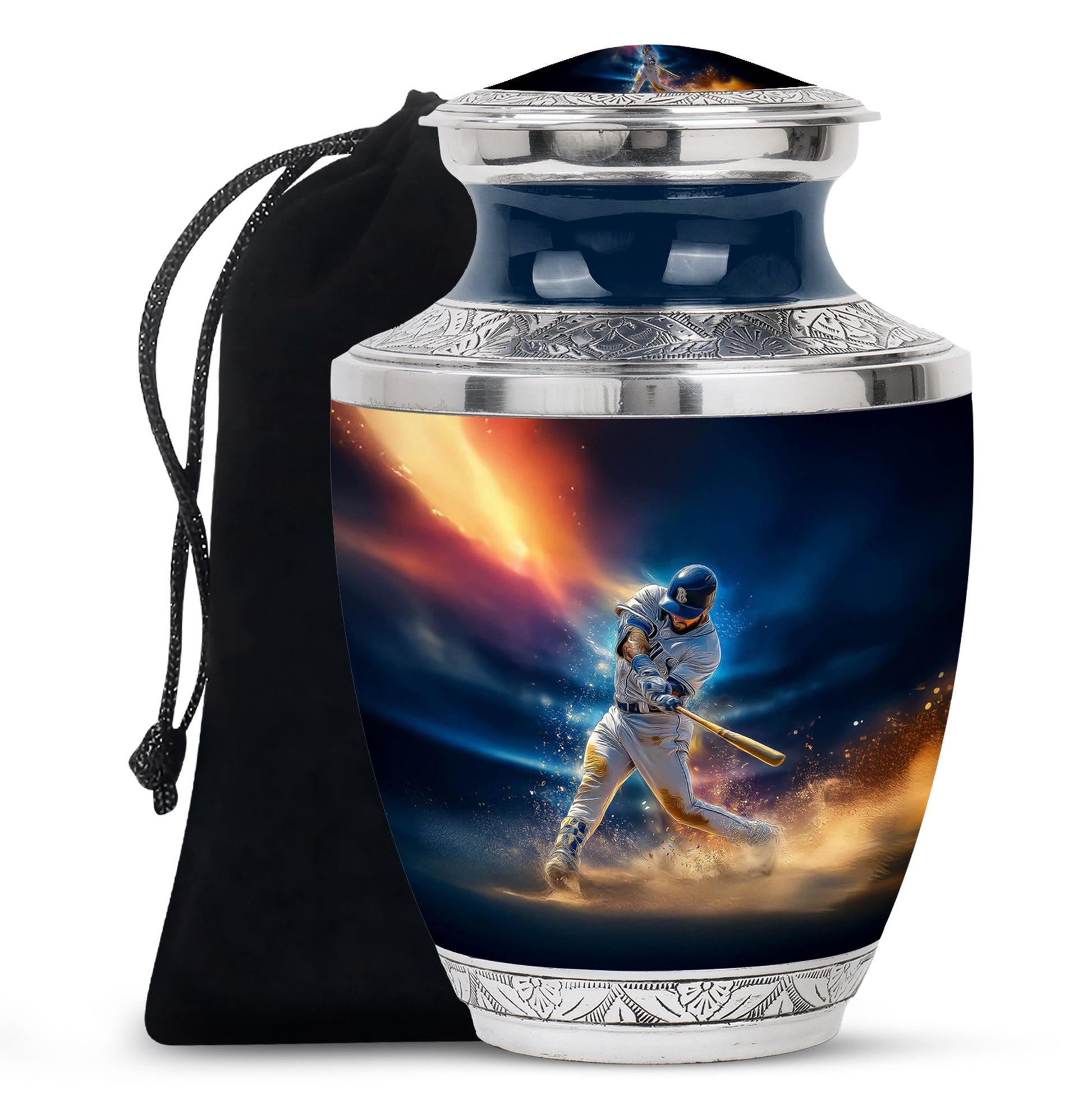 Sky Blue Baseball Cremation Urn side profile showing urn shape - modern art-inspired baseball motif on sleek aluminum - full-size 10 inch 200 cubic inch adult cremation urn