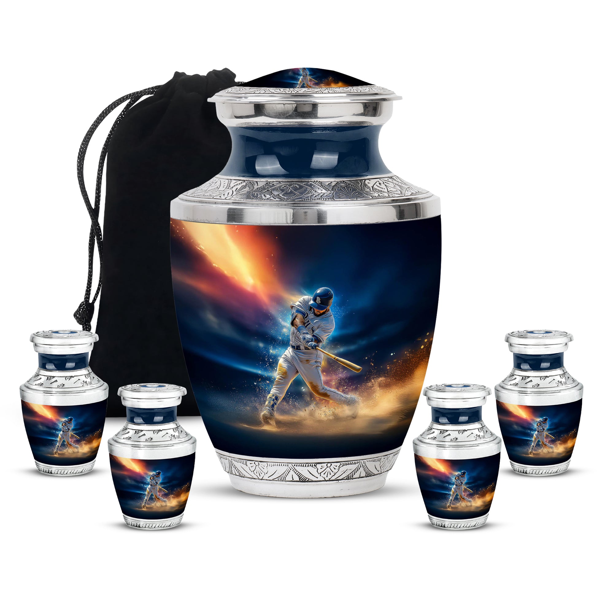 Powder Blue Baseball Cremation Urn lifestyle display on memorial shelf - modern art-inspired baseball motif on sleek aluminum - memorial set with one large and four small urns