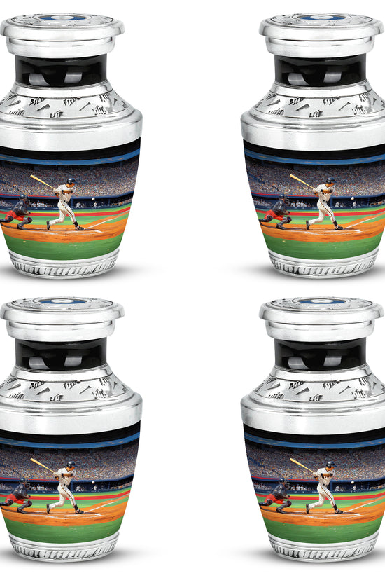 Dark Black Baseball Cremation Urn back view with polished surface - artistic baseball interpretation with creative detail - 10 inch aluminum urn for cremated remains