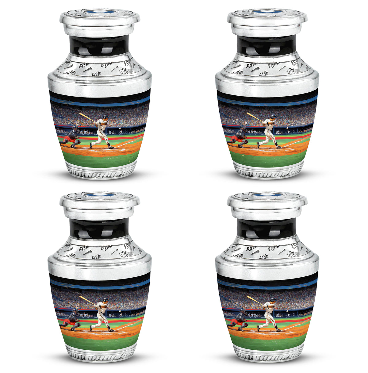 Dark Black Baseball Cremation Urn back view with polished surface - artistic baseball interpretation with creative detail - 10 inch aluminum urn for cremated remains