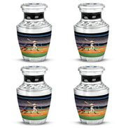 Dark Black Baseball Cremation Urn back view with polished surface - artistic baseball interpretation with creative detail - 10 inch aluminum urn for cremated remains