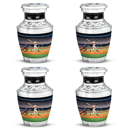 Dark Black Baseball Cremation Urn back view with polished surface - artistic baseball interpretation with creative detail - 10 inch aluminum urn for cremated remains