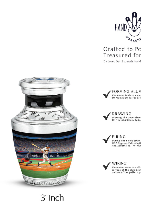 Rich Black Baseball Cremation Urn top-down view of secure threaded lid - contemporary baseball design with modern artistic flair - mini keepsake memorial for portion of cremation ashes