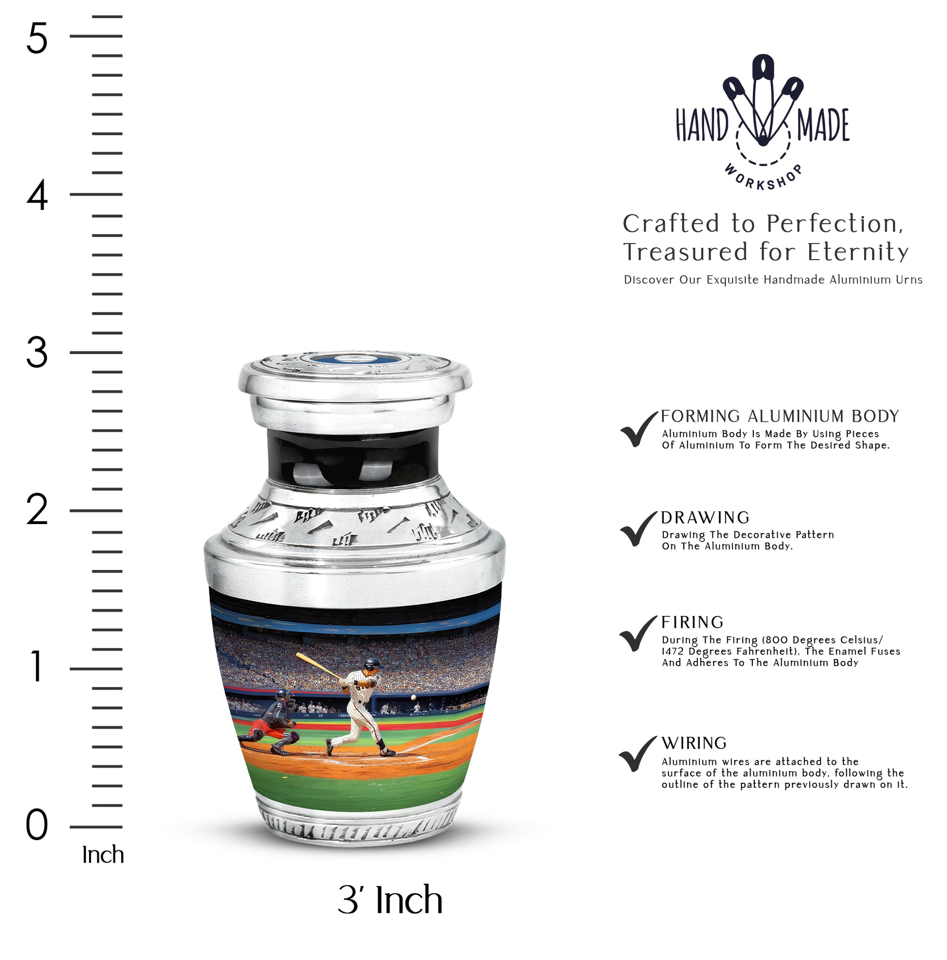 Rich Black Baseball Cremation Urn top-down view of secure threaded lid - contemporary baseball design with modern artistic flair - mini keepsake memorial for portion of cremation ashes
