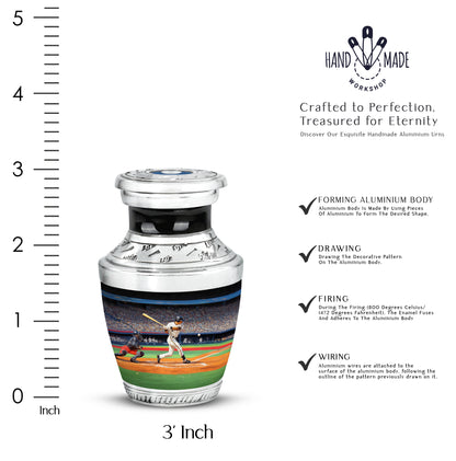 Rich Black Baseball Cremation Urn top-down view of secure threaded lid - contemporary baseball design with modern artistic flair - mini keepsake memorial for portion of cremation ashes