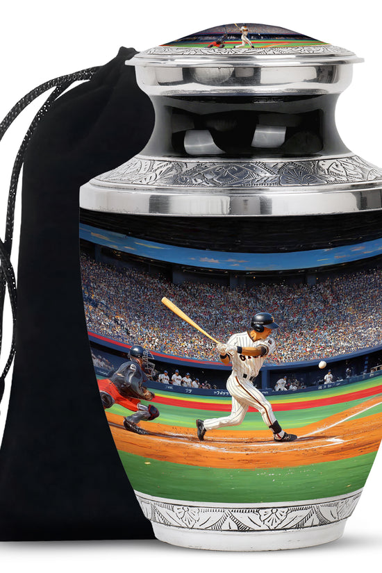 Ebony Baseball Cremation Urn side profile showing urn shape - contemporary baseball design with modern artistic flair - full-size 10 inch 200 cubic inch adult cremation urn