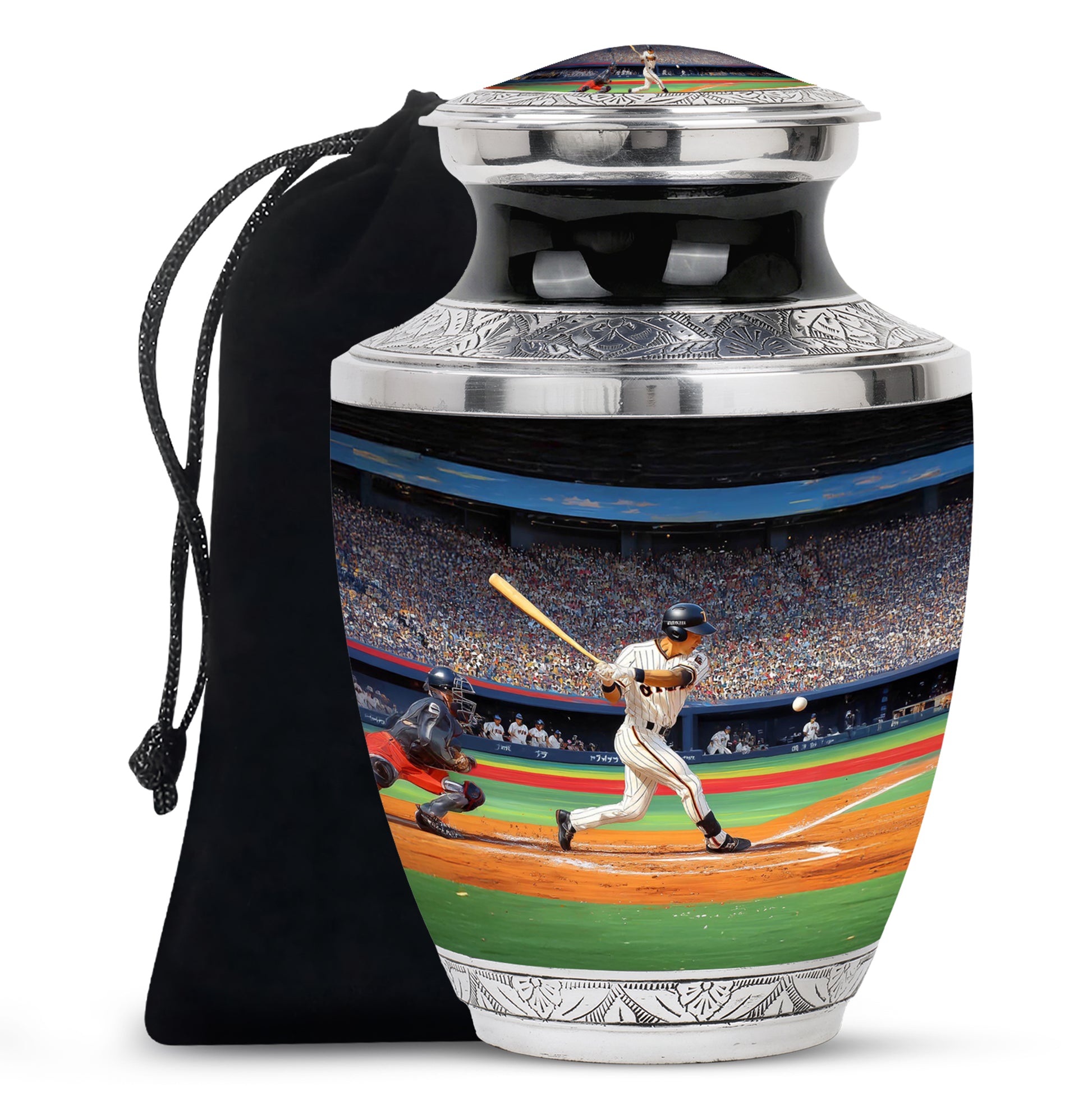 Ebony Baseball Cremation Urn side profile showing urn shape - contemporary baseball design with modern artistic flair - full-size 10 inch 200 cubic inch adult cremation urn