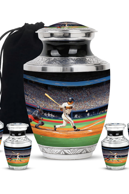 Onyx Black Baseball Cremation Urn lifestyle display on memorial shelf - stylized abstract baseball pattern with bold lines - memorial set with one large and four small urns