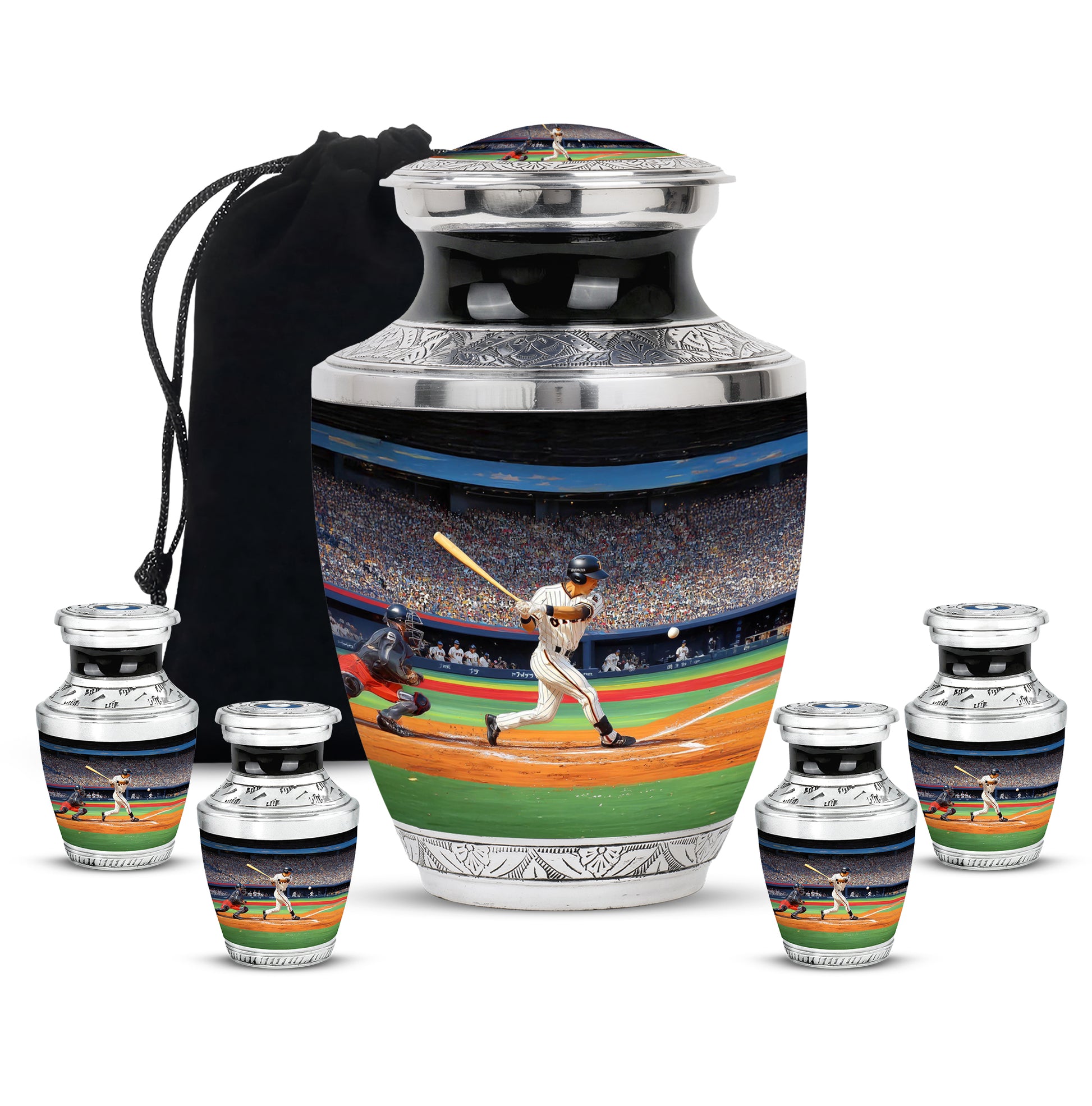 Onyx Black Baseball Cremation Urn lifestyle display on memorial shelf - stylized abstract baseball pattern with bold lines - memorial set with one large and four small urns