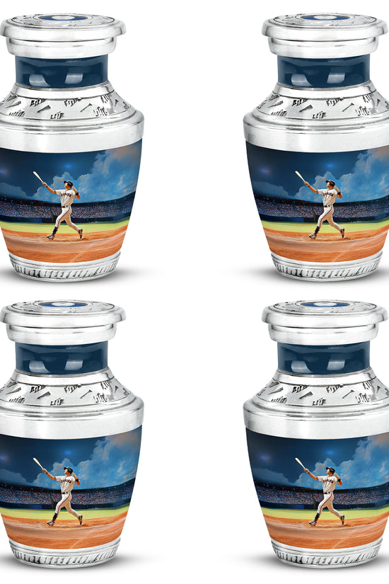 Celestial Blue Baseball Cremation Urn back view with polished surface - modern art-inspired baseball motif on sleek aluminum - 10 inch aluminum urn for cremated remains
