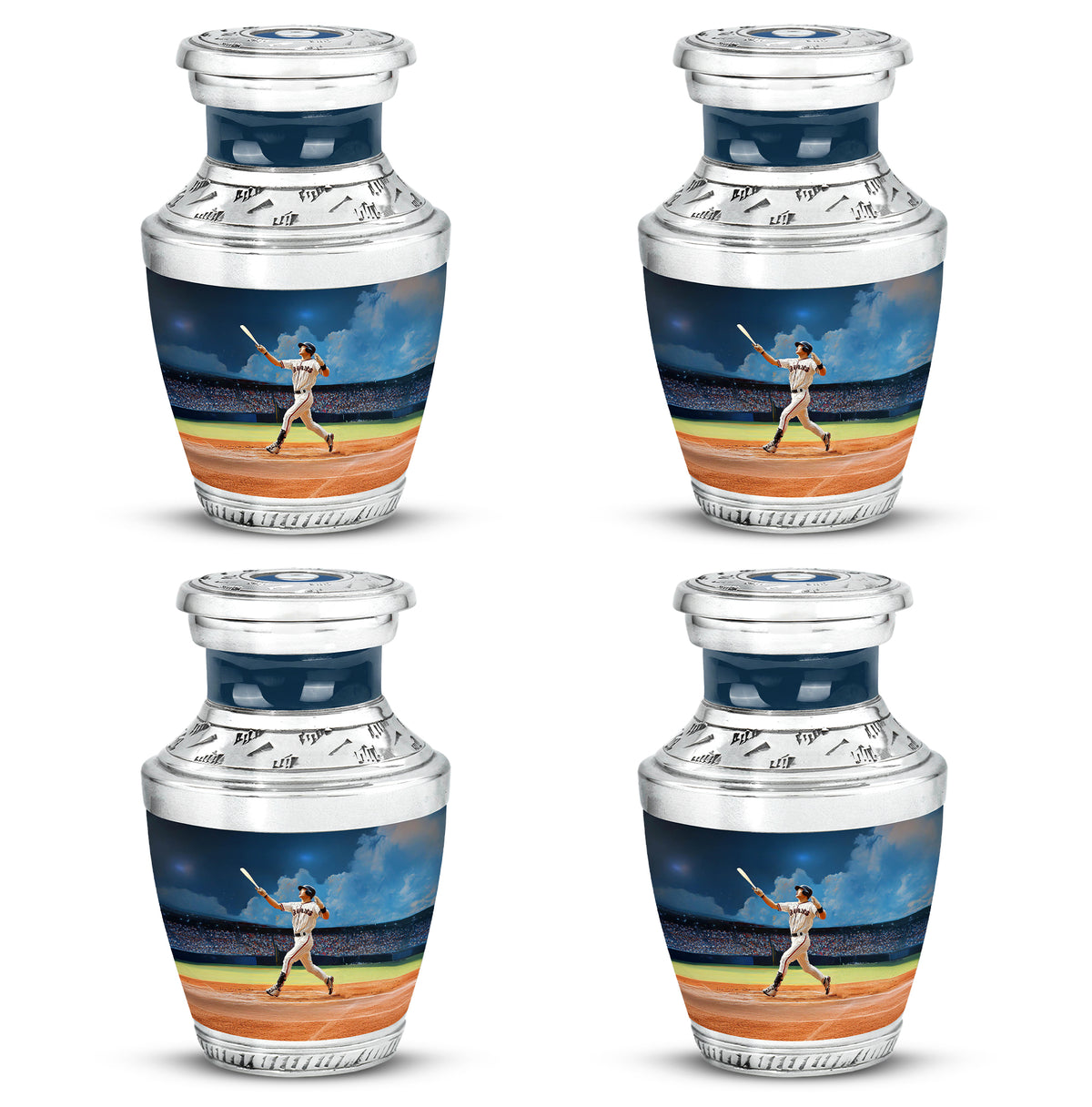 Celestial Blue Baseball Cremation Urn back view with polished surface - modern art-inspired baseball motif on sleek aluminum - 10 inch aluminum urn for cremated remains
