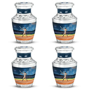 Celestial Blue Baseball Cremation Urn back view with polished surface - modern art-inspired baseball motif on sleek aluminum - 10 inch aluminum urn for cremated remains