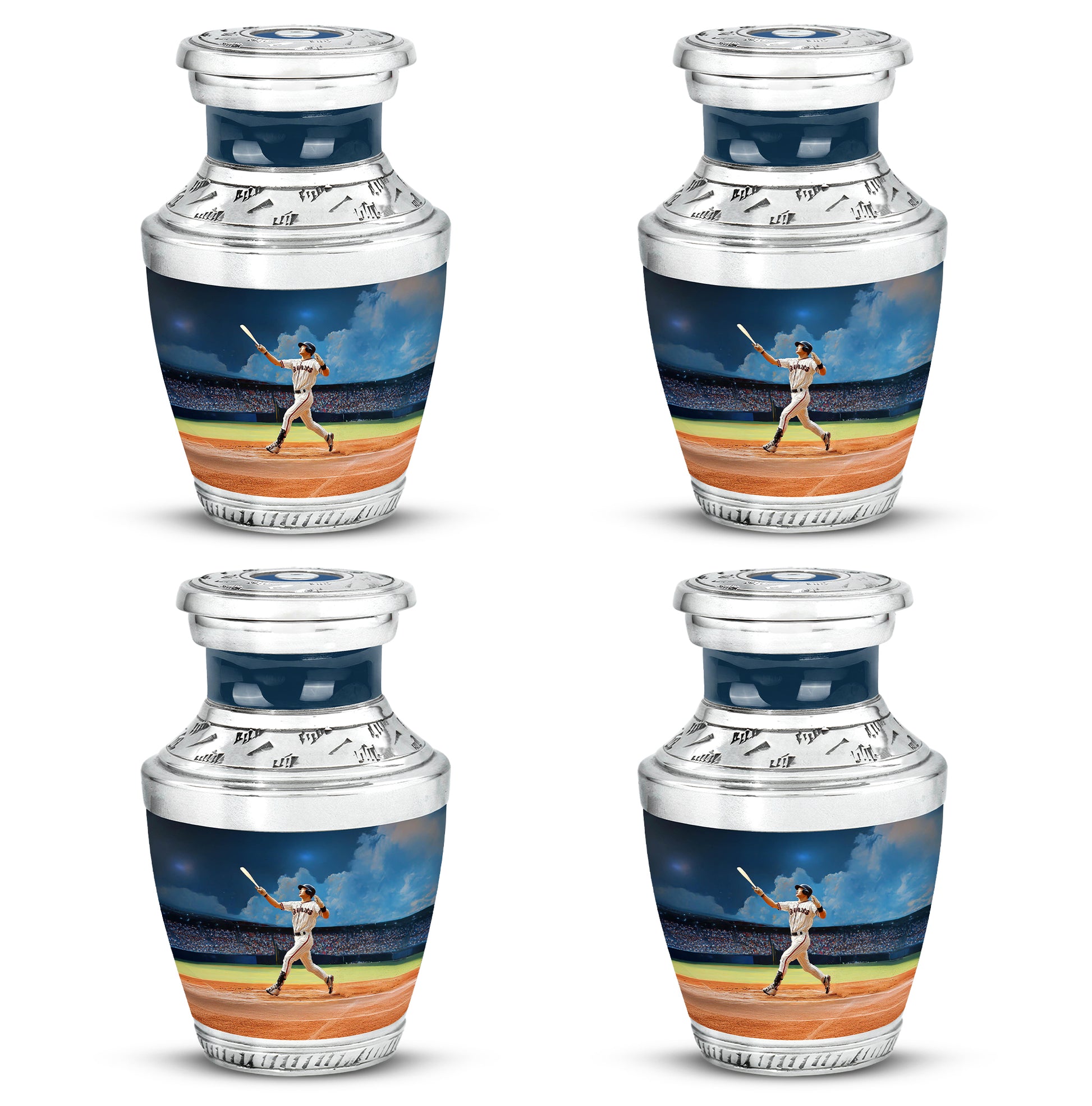 Celestial Blue Baseball Cremation Urn back view with polished surface - modern art-inspired baseball motif on sleek aluminum - 10 inch aluminum urn for cremated remains