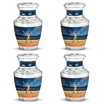 Celestial Blue Baseball Cremation Urn back view with polished surface - modern art-inspired baseball motif on sleek aluminum - 10 inch aluminum urn for cremated remains