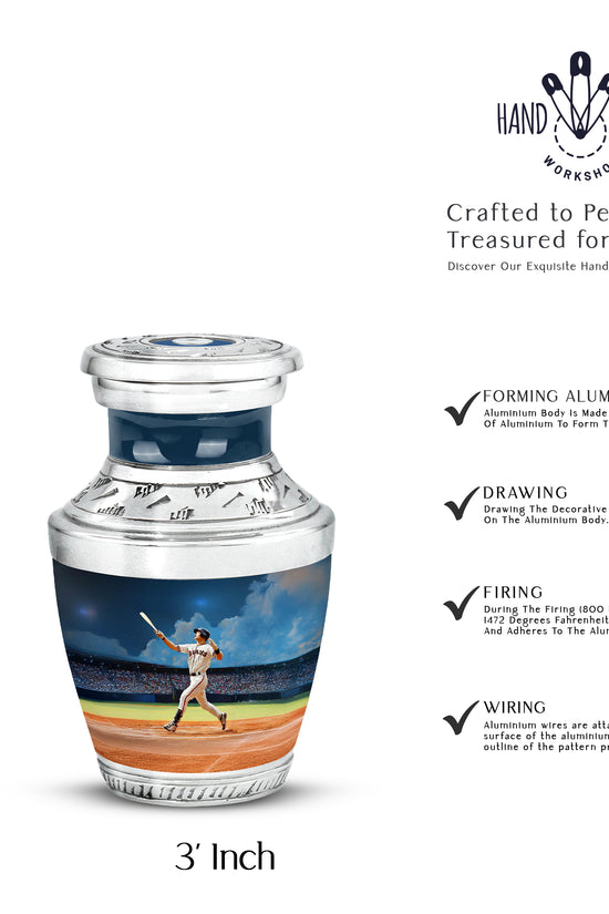 Cornflower Blue Baseball Cremation Urn top-down view of secure threaded lid - stylized abstract baseball pattern with bold lines - mini keepsake memorial for portion of cremation ashes
